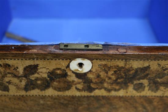 A Tunbridge ware box, a pair monopodia bronze candlesticks and a sun dial box length 23.4cm